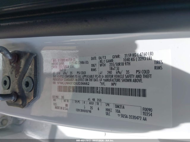 45217513 :رقم المزاد ، 1FMCU9HX1DUD36662 vin ، 2013 Ford Escape Sel مزاد بيع
