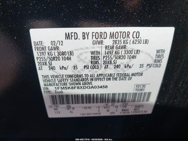 2013 Ford Explorer Limited მანქანა იყიდება აუქციონზე, vin: 1FM5K8F8XDGA03458, აუქციონის ნომერი: 45217516