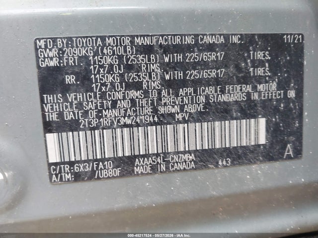 Aukcja sprzedaży 2021 Toyota Rav4 Xle, vin: 2T3P1RFV3MW241944, numer aukcji: 45217524