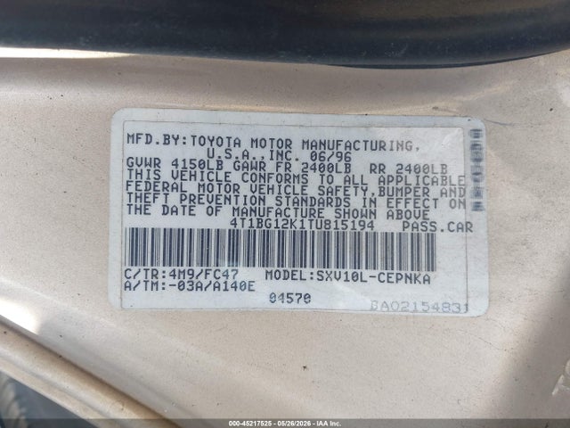 1996 Toyota Camry Dx/le/xle მანქანა იყიდება აუქციონზე, vin: 4T1BG12K1TU815194, აუქციონის ნომერი: 45217525
