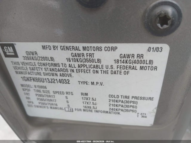 45217564 :رقم المزاد ، 1GKFK66U13J214032 vin ، 2003 Gmc Yukon Xl 1500 Denali مزاد بيع