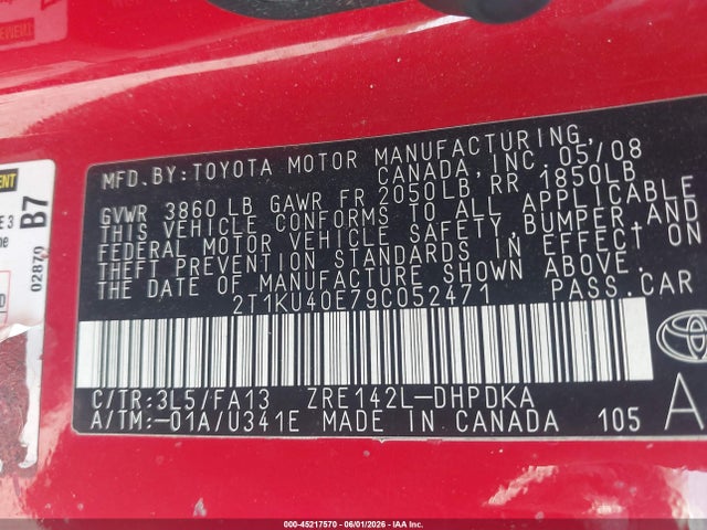 Продажа на аукционе авто 2009 Toyota Matrix, vin: 2T1KU40E79C052471, номер лота: 45217570