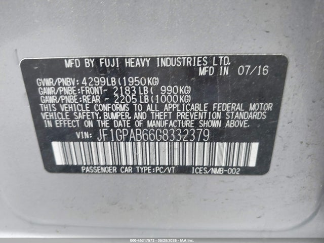 Aukcja sprzedaży 2016 Subaru Impreza 2.0i Premium, vin: JF1GPAB66G8332379, numer aukcji: 45217573
