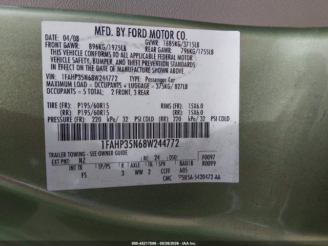 2008 Ford Focus Se/ses მანქანა იყიდება აუქციონზე, vin: 1FAHP35N68W244772, აუქციონის ნომერი: 45217596