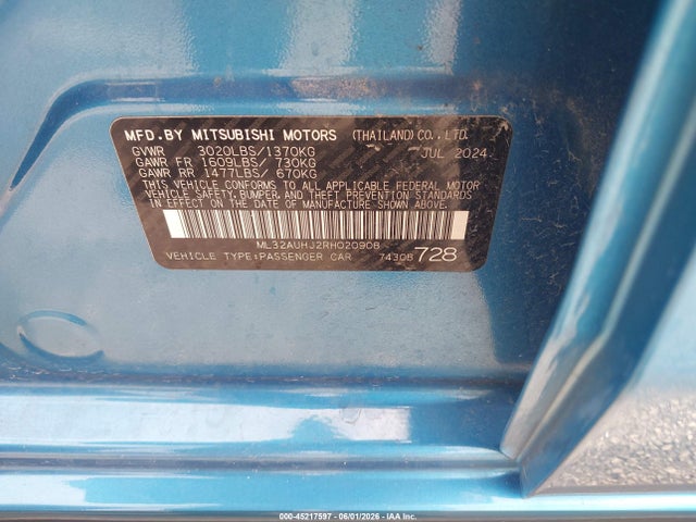 Продаж на аукціоні авто 2024 Mitsubishi Mirage Es/le, vin: ML32AUHJ2RH020908, номер лоту: 45217597