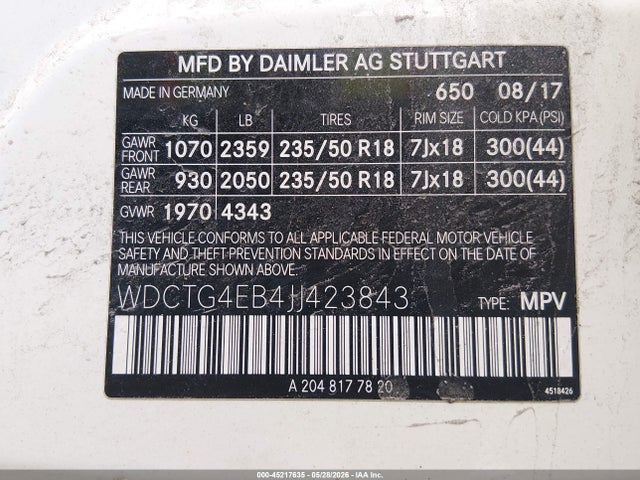 45217635 :رقم المزاد ، WDCTG4EB4JJ423843 vin ، 2018 Mercedes-benz Gla 250 مزاد بيع
