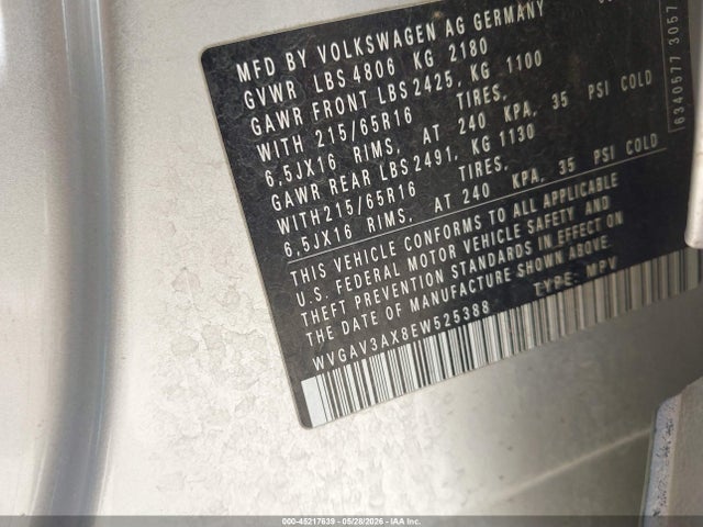WVGAV3AX8EW525388 Volkswagen TIGUAN S