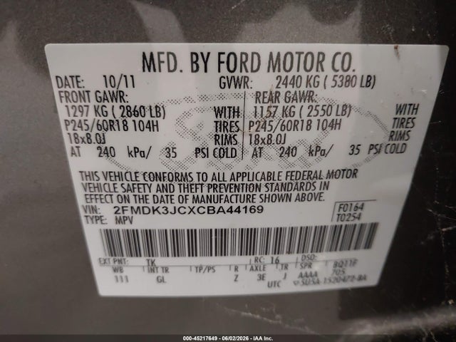 45217649 :رقم المزاد ، 2FMDK3JCXCBA44169 vin ، 2012 Ford Edge Sel مزاد بيع
