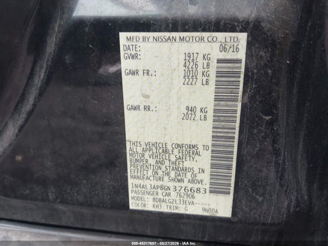 Продаж на аукціоні авто 2016 Nissan Altima 2.5/2.5 S/2.5 Sl/2.5 Sr/2.5 Sv, vin: 1N4AL3AP8GN376683, номер лоту: 45217657