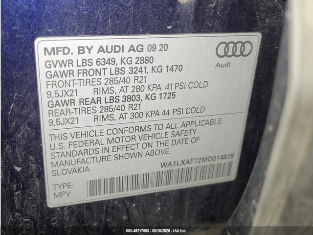 2021 Audi Q7 Premium Plus 55 Tfsi Quattro Tiptronic მანქანა იყიდება აუქციონზე, vin: WA1LXAF72MD014929, აუქციონის ნომერი: 45217663