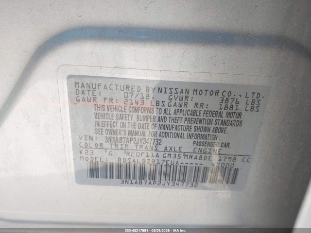 2018 Nissan Sentra Sv მანქანა იყიდება აუქციონზე, vin: 3N1AB7AP2JY347732, აუქციონის ნომერი: 45217681