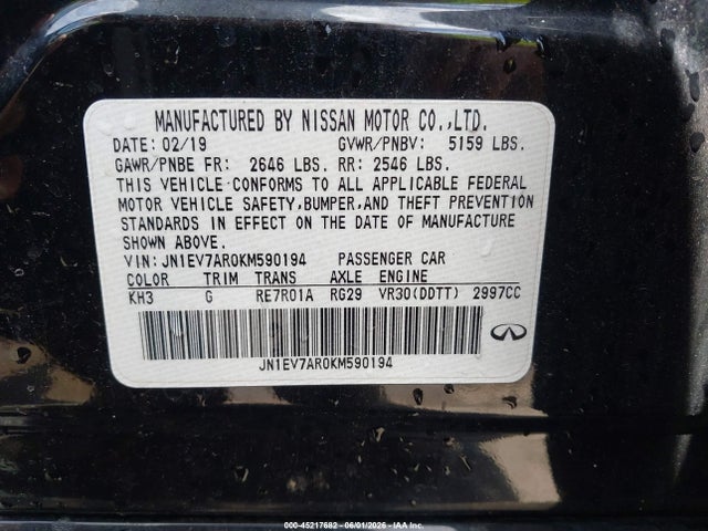 Продажа на аукционе авто 2019 Infiniti Q50 3.0t Luxe, vin: JN1EV7AR0KM590194, номер лота: 45217682