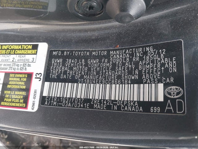 Aukcja sprzedaży 2012 Toyota Corolla S, vin: 2T1BU4EE9CC866184, numer aukcji: 45217698