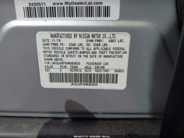 45217715 :رقم المزاد ، JN1BJ0RP6HM383830 vin ، 2017 Infiniti Qx50 مزاد بيع