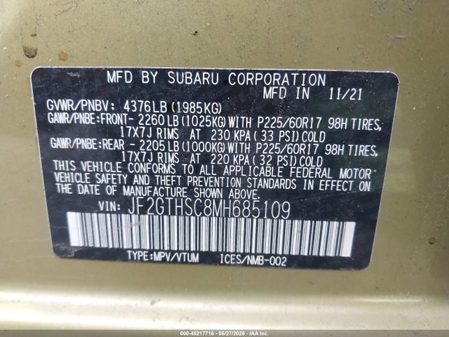 Aukcja sprzedaży 2021 Subaru Crosstrek Sport, vin: JF2GTHSC8MH685109, numer aukcji: 45217716