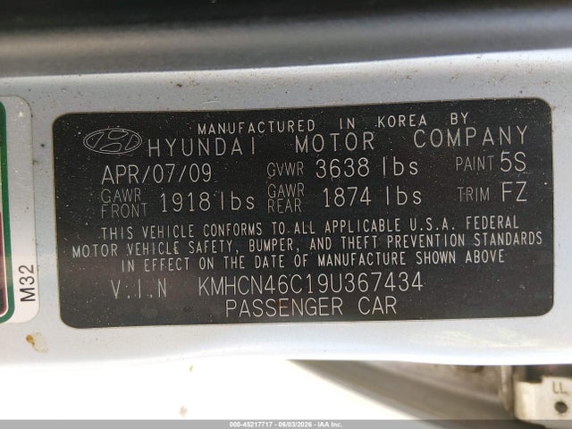 Aukcja sprzedaży 2009 Hyundai Accent Gls, vin: KMHCN46C19U367434, numer aukcji: 45217717