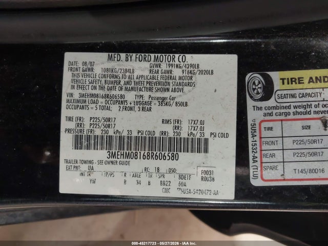 Продаж на аукціоні авто 2008 Mercury Milan V6 Premier, vin: 3MEHM08168R606580, номер лоту: 45217723