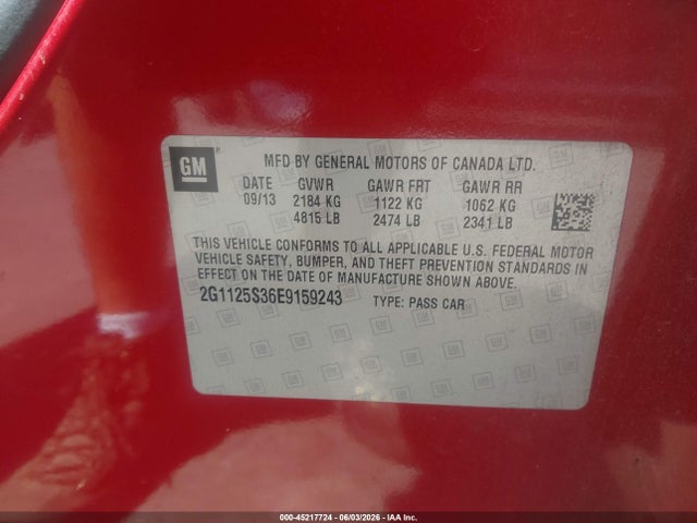 45217724 :رقم المزاد ، 2G1125S36E9159243 vin ، 2014 Chevrolet Impala 2lt مزاد بيع