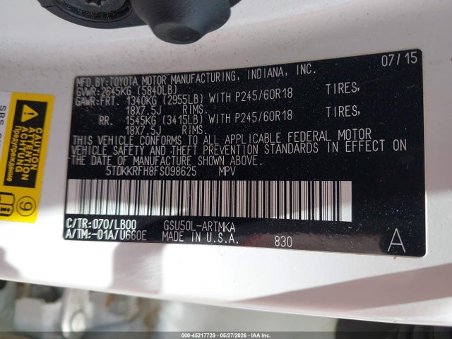 Продаж на аукціоні авто 2015 Toyota Highlander Xle V6, vin: 5TDKKRFH8FS098625, номер лоту: 45217729