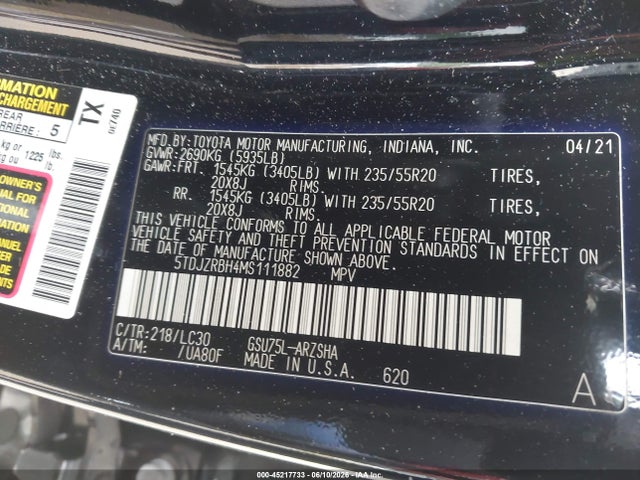 Продаж на аукціоні авто 2021 Toyota Highlander Xse, vin: 5TDJZRBH4MS111882, номер лоту: 45217733