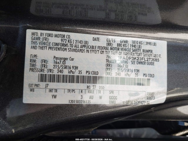 Aukcja sprzedaży 2015 Ford Focus Se, vin: 1FADP3K23FL273685, numer aukcji: 45217735