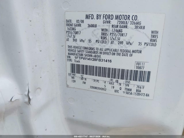 Auction sale of the 2008 Ford F-150, vin: 1FTPW14V28FB31416, lot number: 45217747