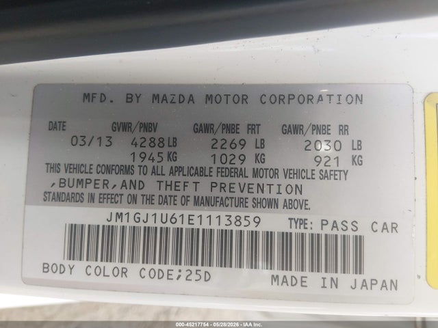 Продажа на аукционе авто 2014 Mazda Mazda6 I Sport, vin: JM1GJ1U61E1113859, номер лота: 45217754