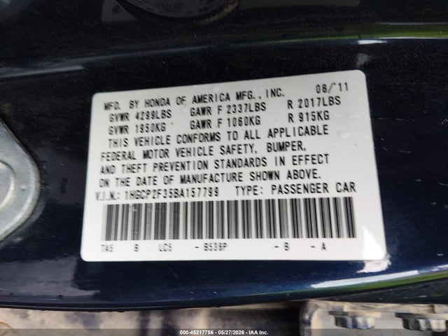 Aukcja sprzedaży 2011 Honda Accord 2.4 Lx, vin: 1HGCP2F35BA157799, numer aukcji: 45217756