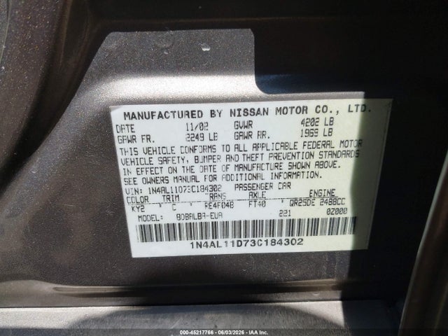 Продаж на аукціоні авто 2003 Nissan Altima 2.5 S, vin: 1N4AL11D73C184302, номер лоту: 45217766