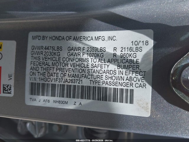 Aukcja sprzedaży 2018 Honda Accord Sport, vin: 1HGCV1F37JA263721, numer aukcji: 45217778