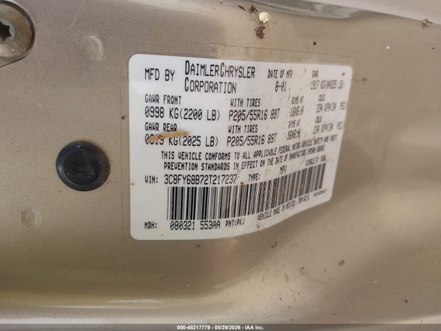 2002 Chrysler Pt Cruiser Limited მანქანა იყიდება აუქციონზე, vin: 3C8FY68B72T217237, აუქციონის ნომერი: 45217779