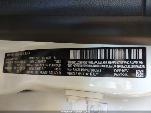 Auction sale of the 2020 Jeep Renegade Altitude 4x4, vin: ZACNJBB19LPK95521, lot number: 45217791