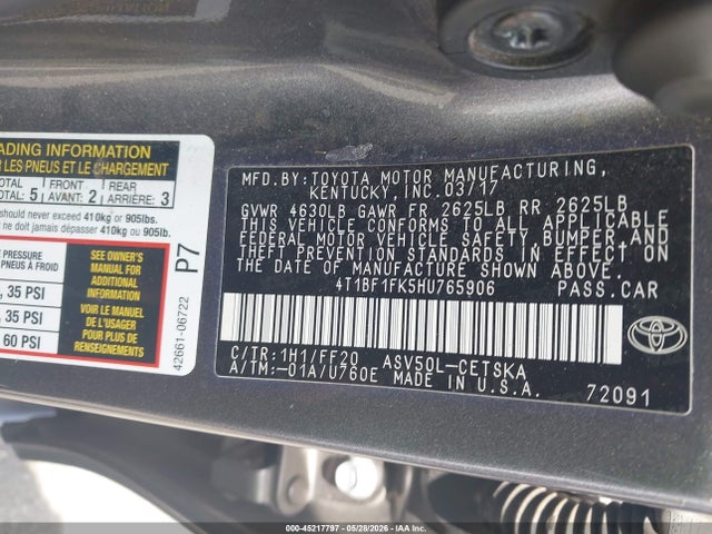 Продаж на аукціоні авто 2017 Toyota Camry Se, vin: 4T1BF1FK5HU765906, номер лоту: 45217797