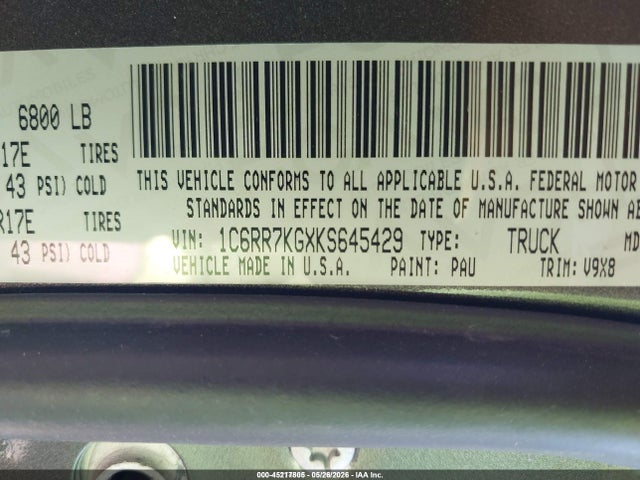 Aukcja sprzedaży 2019 Ram 1500 Classic Tradesman  4x4 5'7 Box, vin: 1C6RR7KGXKS645429, numer aukcji: 45217805