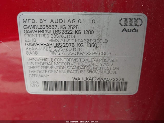 2010 Audi Q5 3.2 Premium მანქანა იყიდება აუქციონზე, vin: WA1LKAFP4AA072276, აუქციონის ნომერი: 45217816