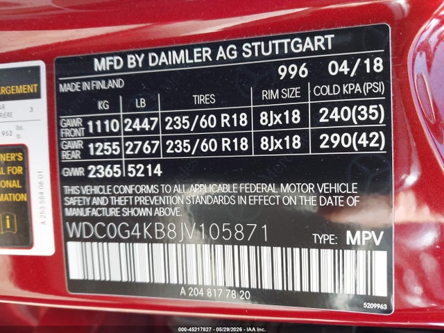 Aukcja sprzedaży 2018 Mercedes-benz Glc 300 4matic, vin: WDC0G4KB8JV105871, numer aukcji: 45217827