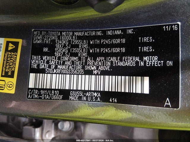 5TDJKRFHXGS356205 Toyota Highlander Xle V6