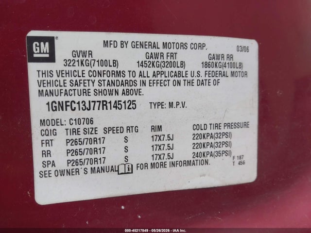 45217849 :رقم المزاد ، 1GNFC13J77R145125 vin ، 2007 Chevrolet Tahoe Ls مزاد بيع