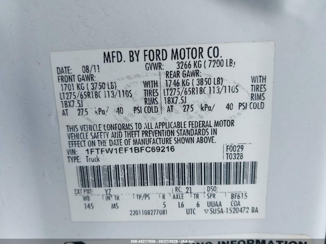 Aukcja sprzedaży 2011 Ford F-150 Xlt, vin: 1FTFW1EF1BFC69216, numer aukcji: 45217856