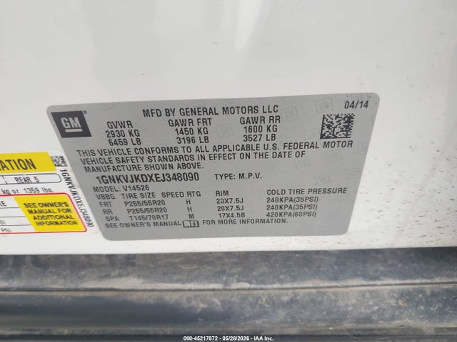 Aukcja sprzedaży 2014 Chevrolet Traverse Ltz, vin: 1GNKVJKDXEJ348090, numer aukcji: 45217872