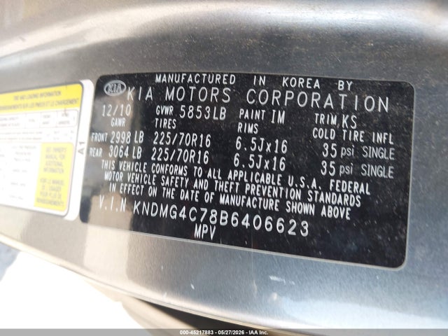 45217883 :رقم المزاد ، KNDMG4C78B6406623 vin ، 2011 Kia Sedona Lx مزاد بيع