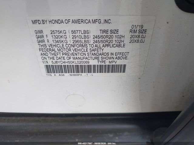 Aukcja sprzedaży 2019 Acura Mdx Tech Pkg, vin: 5J8YD4H50KL020069, numer aukcji: 45217887