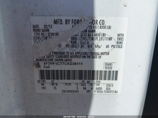 Продажа на аукционе авто 2012 Ford F-150 Xl, vin: 1FTPF1CT7CKD38111, номер лота: 45217889