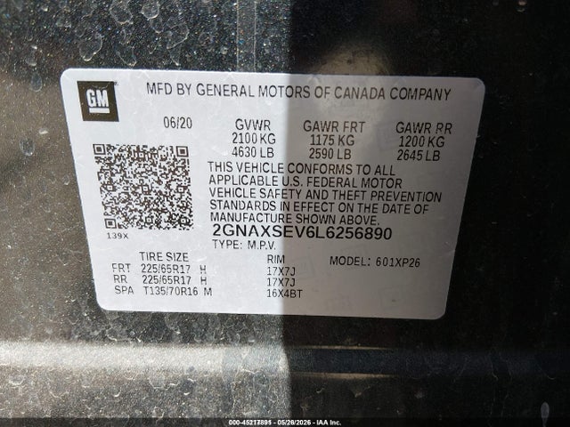 45217891 :رقم المزاد ، 2GNAXSEV6L6256890 vin ، 2020 Chevrolet Equinox Awd Ls مزاد بيع