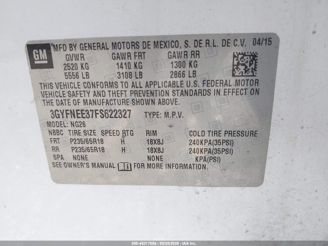 Продаж на аукціоні авто 2015 Cadillac Srx Luxury Collection, vin: 3GYFNEE37FS622327, номер лоту: 45217894