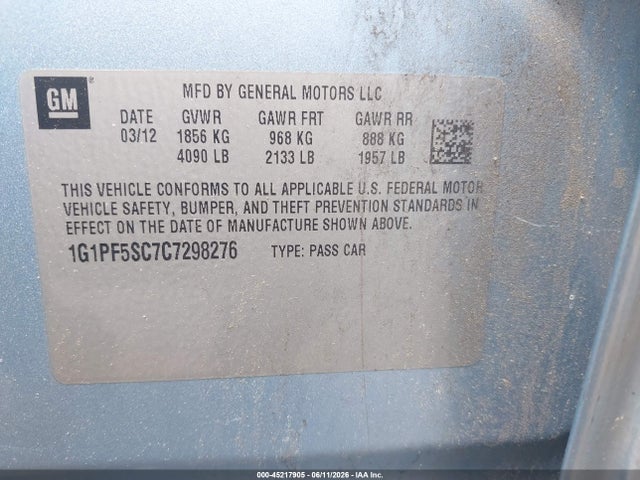 Aukcja sprzedaży 2012 Chevrolet Cruze 1lt, vin: 1G1PF5SC7C7298276, numer aukcji: 45217905