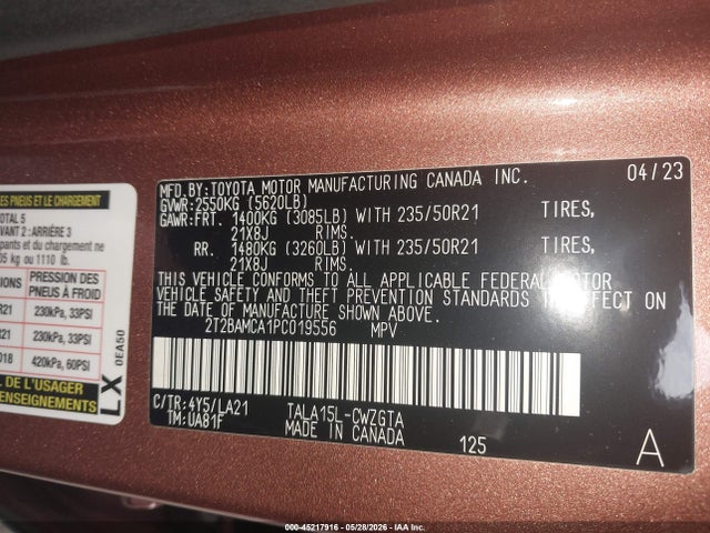 45217916 :رقم المزاد ، 2T2BAMCA1PC019556 vin ، 2023 Lexus Rx 350 Luxury مزاد بيع