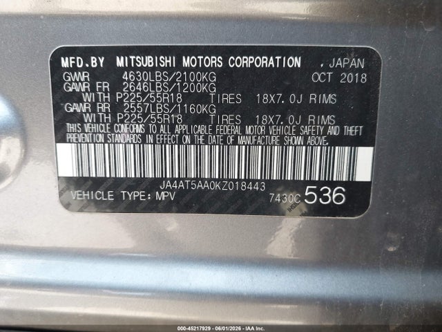 Mitsubishi Eclipse Cross Sel 2019 JA4AT5AA0KZ018443 Image 9