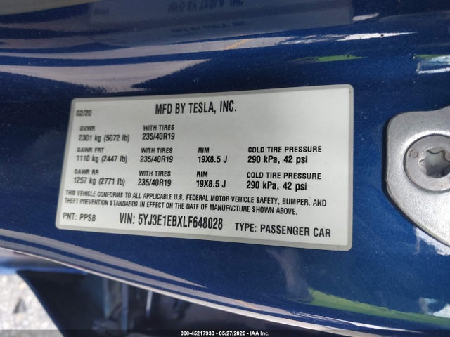 Aukcja sprzedaży 2020 Tesla Model 3 Long Range Dual Motor All-wheel Drive, vin: 5YJ3E1EBXLF648028, numer aukcji: 45217933