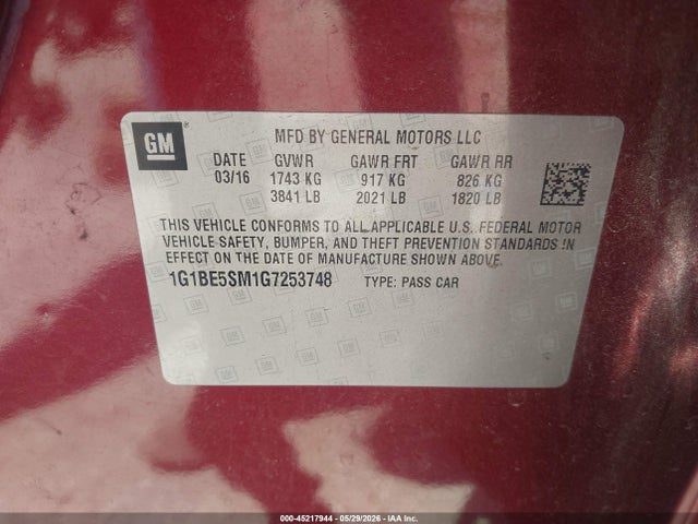 Aukcja sprzedaży 2016 Chevrolet Cruze Lt Auto, vin: 1G1BE5SM1G7253748, numer aukcji: 45217944